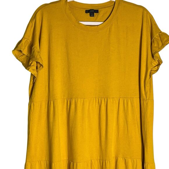 J. Crew Mini Dress Size L 100% Cotton Swingy Tiered Peasant Boho Mustard Yellow - Picture 2 of 10